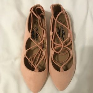 blush pointed toe lace up flats